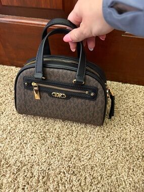 Michael Kors Brown Monogram Mini Dome Satchel with Black Trim